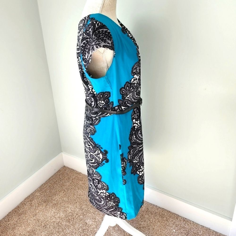 SHELBY AND PALMER BELTED DRESS CAPPED SLEEVE BLUE BLACK AND CREAM PLUS SIZE 14 - Picture 3 of 5